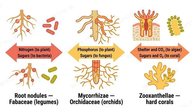 A flat three-panel diagram, each panel showing a two-way arrow between two partners with what is exchanged labeled: legume root nodules and bacteria exchanging nitrogen and sugars, orchid roots and fungus exchanging phosphorus and sugars, hard coral and zooxanthellae exchanging shelter and sugars