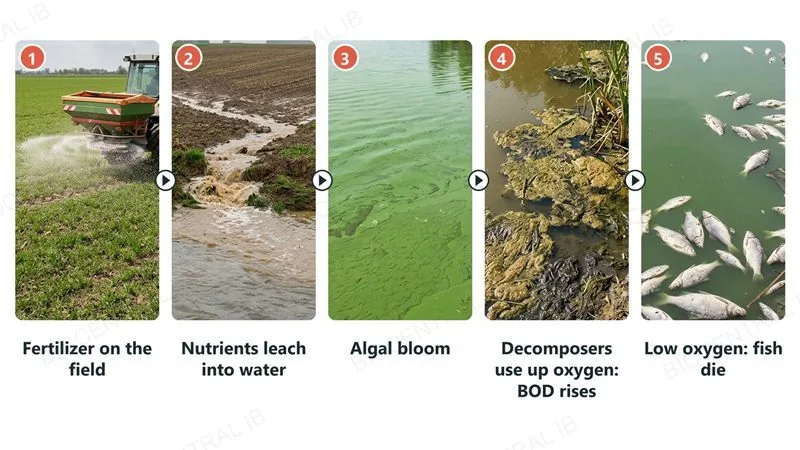 Five numbered photographs in sequence: 1 fertilizer spread on a field, 2 nutrients leaching into water as muddy run-off, 3 an algal bloom turning a lake bright green, 4 decomposers using up oxygen in rotting algae as the BOD rises, 5 many dead fish floating in low-oxygen water