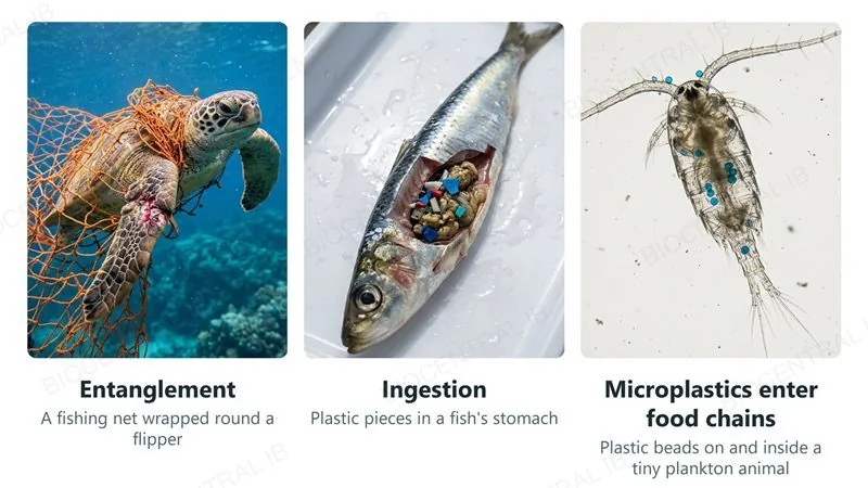 Three photographs: a sea turtle entangled in a fishing net, a fish with plastic pieces in its stomach, and a tiny plankton animal (a copepod) with plastic beads on and inside its body
