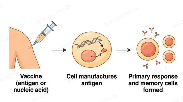 A flat left-to-right diagram, a syringe injecting an antigen or nucleic acid into an arm, an arrow to a body cell using the nucleic acid instructions to manufacture antigen, an arrow to an immune system icon producing antibodies and memory cells, labeled Vaccine antigen or nucleic acid, Cell manufactures antigen, Primary response and memory cells formed, single direction arrows only