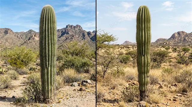 A cactus from the Americas beside a euphorbia from Africa, both showing thick succulent spiny stems, side by side comparison highlighting convergent evolution, photorealistic
