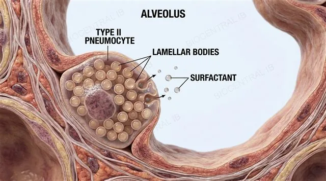 A type II pneumocyte shown as a cuboidal cell packed with secretory vesicles releasing surfactant into the alveolus, labeled