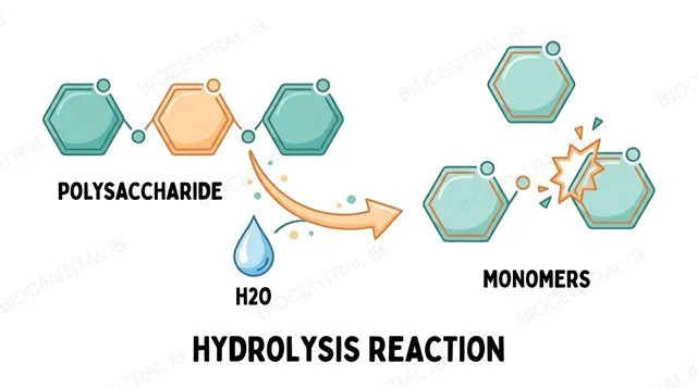 A polysaccharide chain being hydrolyzed by a water molecule, breaking a glycosidic bond into two separate monomers
