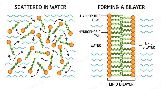 Fatty acid molecules with labelled hydrophilic heads and hydrophobic tails, scattered then forming a bilayer