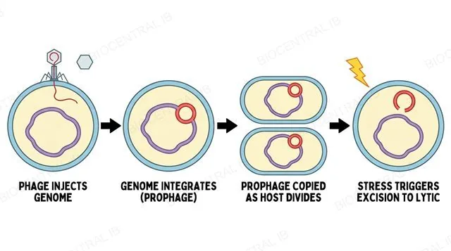 Four labelled stages of the lysogenic cycle: genome injection, integration as a prophage, passive copying as the host divides, and stress-triggered excision to the lytic cycle