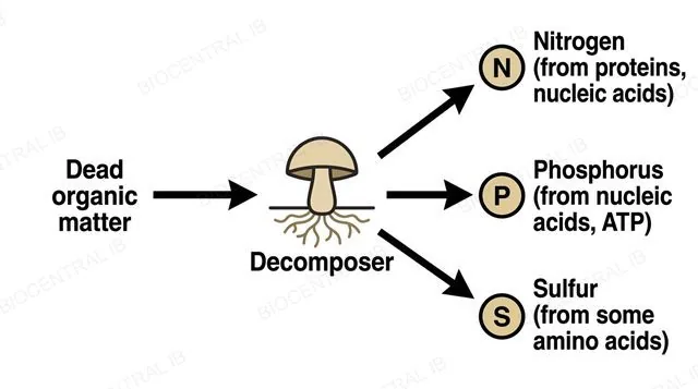 A flat diagram with a central decomposer fungus icon, one inward arrow labeled dead organic matter, and three outward arrows to labeled elements, nitrogen from proteins and nucleic acids, phosphorus from nucleic acids and ATP, sulfur from some amino acids