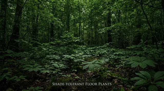 A dim forest floor scene beneath a dense overhead canopy, with broad-leaved shade-tolerant shrubs and herbs growing low to the ground, labeled shade-tolerant floor plants