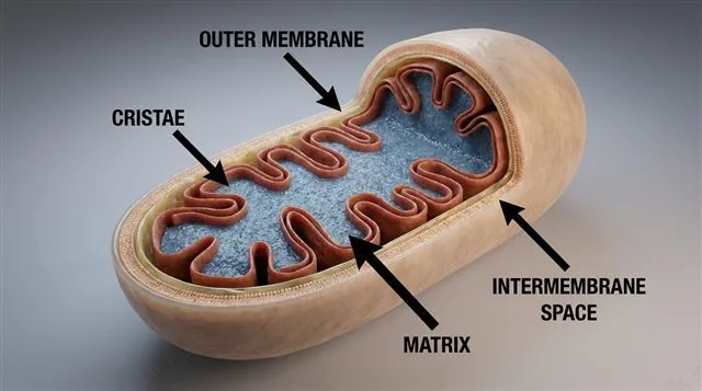A mitochondrion cutaway showing the outer membrane, inner membrane folded into cristae, narrow intermembrane space, and the matrix, labeled