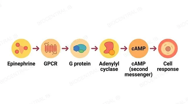 A six-step flowchart of the epinephrine signalling cascade connected by five single-arrowhead arrows, labeled epinephrine, GPCR, G protein, adenylyl cyclase, cAMP second messenger and cell response