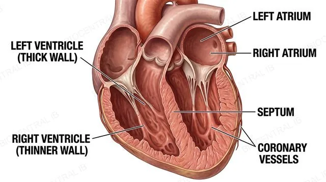 A frontal-plane cross section of the mammalian heart showing the four chambers, a muscular septum separating the left and right sides, a much thicker left ventricle wall than right ventricle wall, and coronary vessels branching from the base of the aorta over the heart's own surface, labeled