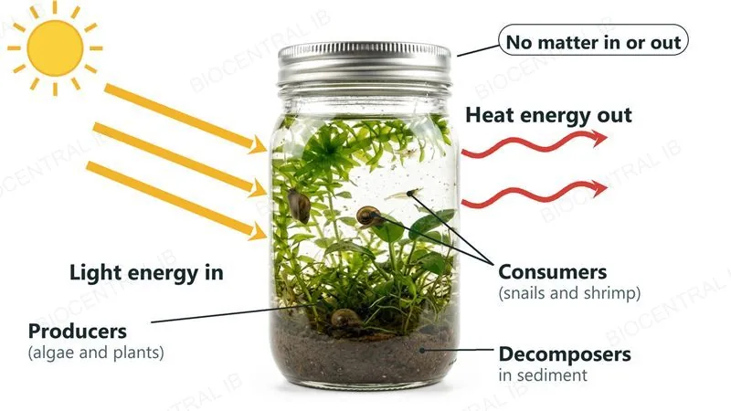 A sealed glass jar containing pond water, water plants, snails, shrimp and sediment, labelled producers, consumers and decomposers, with light energy arrows entering, heat energy arrows leaving through the glass, and a label saying no matter enters or leaves through the sealed lid