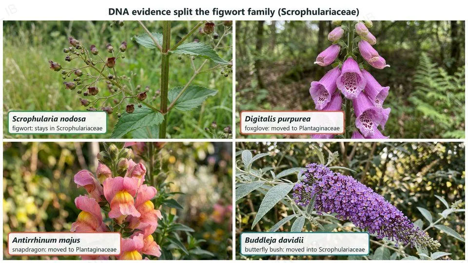 Four photographs: common figwort, Scrophularia nodosa, which stays in the figwort family; foxglove, Digitalis purpurea, and snapdragon, Antirrhinum majus, both moved to the plantain family, Plantaginaceae; and butterfly bush, Buddleja davidii, moved into the figwort family