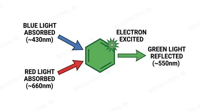Diagram of a chlorophyll molecule absorbing blue and red light causing electron excitation while reflecting green light, labeled with wavelengths