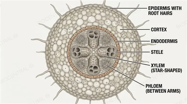 A transverse section of a dicotyledonous root showing an epidermis with root hairs, a cortex, an endodermis, and a central stele with xylem arranged in a star shape and phloem in patches between the arms, labeled