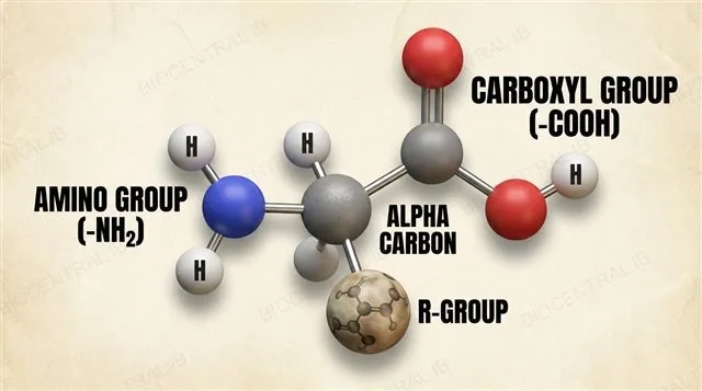 Generalised structure of an amino acid, with the central alpha carbon bonded to an amino group, a carboxyl group, a hydrogen atom and an R-group side chain, all labels pointing to the correct groups
