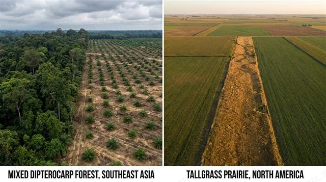 Aerial photograph of Southeast Asian rainforest being cleared for oil palm plantation, showing the boundary between mixed dipterocarp forest and cleared land
