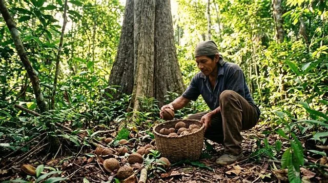 A collector gathering fallen Brazil nut pods from the rainforest floor beneath a tall living Brazil nut tree