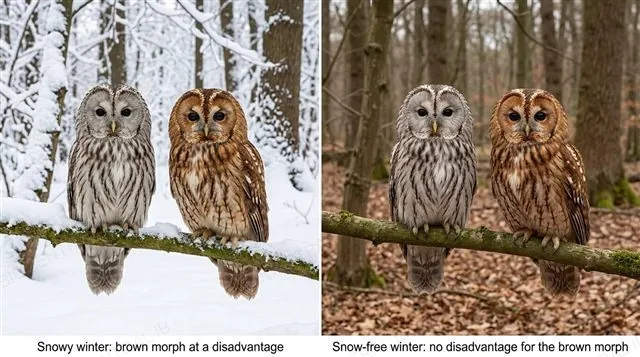 A grey and a brown tawny owl in a snowy winter forest, where the brown owl is at a disadvantage, compared with the same two owls in a snow-free winter forest where it is not