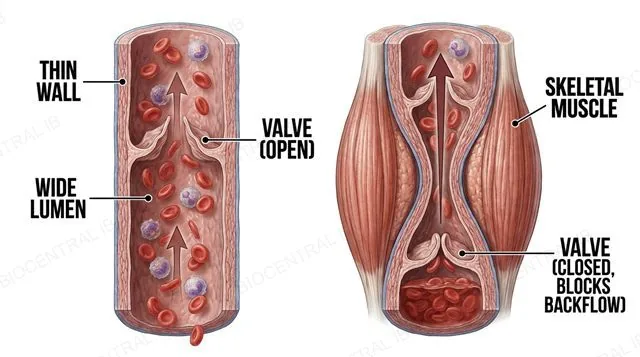 A vein cross section with a thin wall, wide lumen, and an internal pocket valve, next to a diagram of a contracting skeletal muscle compressing the vein and pushing blood toward the heart while the valve prevents backflow, labeled