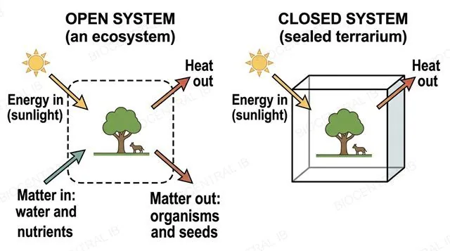 A flat two-panel diagram: left panel, an open system (an ecosystem) with a dashed boundary and four arrows crossing it for energy in, heat out, matter in and matter out; right panel, a closed system (a sealed terrarium) with a solid boundary and only two arrows, energy in and heat out, and no matter arrows