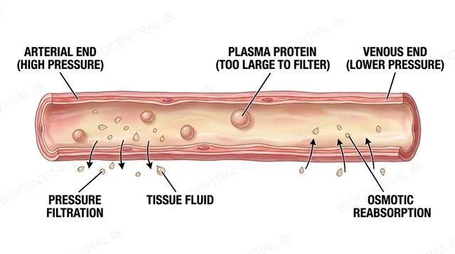 A single capillary running from its arterial end to its venous end, with an arrow showing high hydrostatic pressure forcing plasma fluid out through pores near the arterial end and an arrow showing osmotic pressure from retained plasma proteins drawing water back in near the venous end, labeled