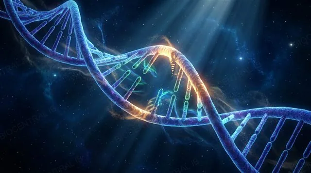 A DNA double helix unzipping with new complementary strands forming along each template strand
