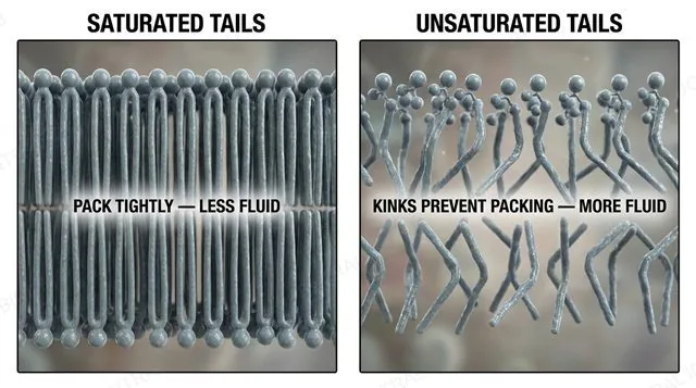 Saturated straight phospholipid tails packing tightly versus unsaturated kinked tails packing loosely, with fluidity labels