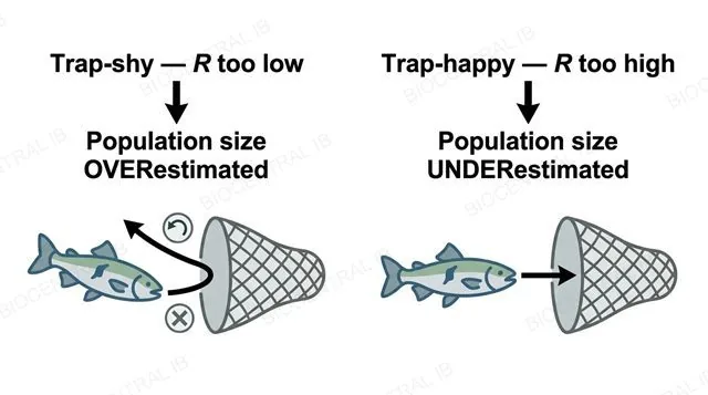 A flat two-panel diagram, left panel labeled trap-shy R too low leading to population size overestimated, right panel labeled trap-happy R too high leading to population size underestimated