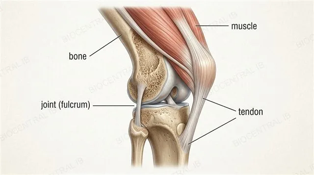 A cross-section of a vertebrate limb joint showing the internal endoskeleton, tendons attaching muscle to the outer bone surface, and the joint acting as a fulcrum, labeled