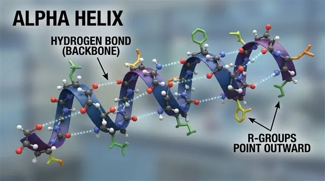 An alpha helix stabilised by hydrogen bonds between backbone C=O and N-H groups four residues apart, with R-groups pointing outward, labeled