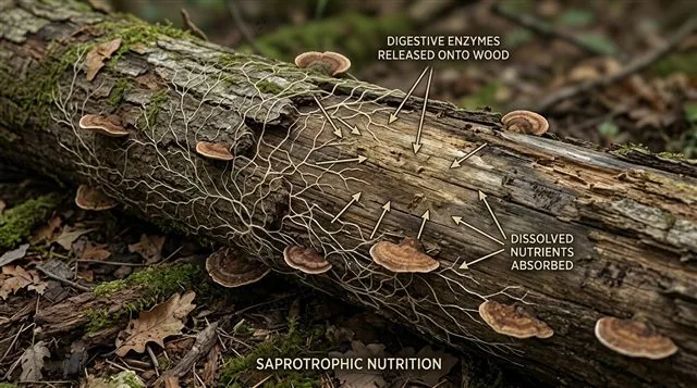 A saprotrophic fungus growing on a decaying log, with labeled arrows showing digestive enzymes released onto the wood and small dissolved nutrient molecules being absorbed back into the fungus