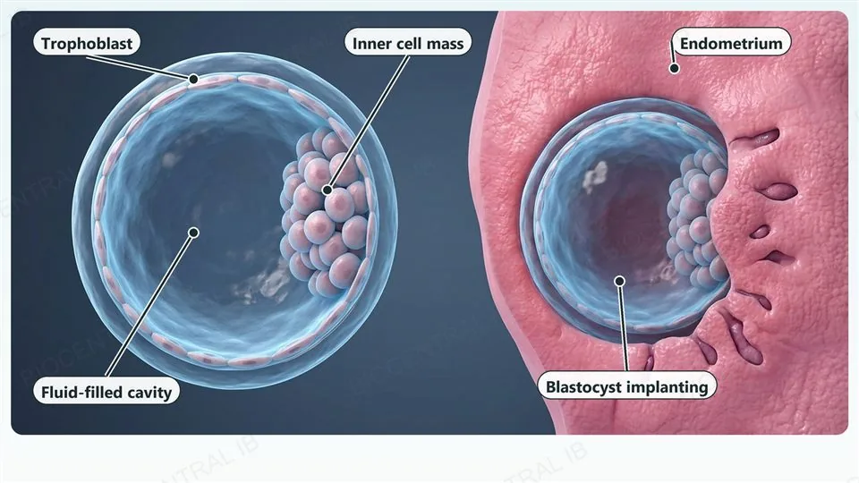 A cutaway illustration of a blastocyst, labelled trophoblast (outer layer), fluid-filled cavity and inner cell mass, and beside it a blastocyst partly embedded in the thick endometrium of the uterus wall, labelled implantation.
