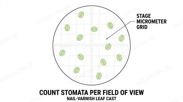 A microscope field of view showing a leaf epidermis nail-varnish cast with visible stomata being counted against a calibrated stage micrometer grid, labeled