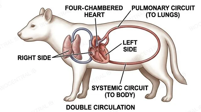 A simple circuit diagram of a mammal's double circulation, showing a four-chambered heart with a separate pulmonary circuit to the lungs on the right side and a separate systemic circuit to the body on the left side, with blood re-pressurised by the left ventricle after returning from the lungs, labeled