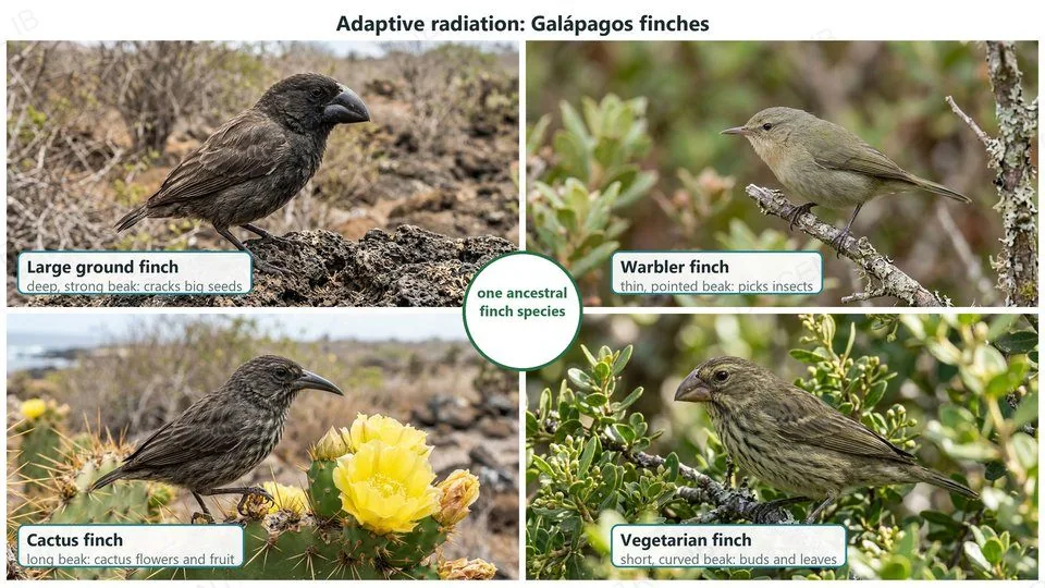 Four Galápagos finches around a badge saying one ancestral finch species: the large ground finch with a deep beak for big seeds, the warbler finch with a thin beak for insects, the cactus finch with a long beak for cactus flowers and fruit, and the vegetarian finch with a short curved beak for buds and leaves