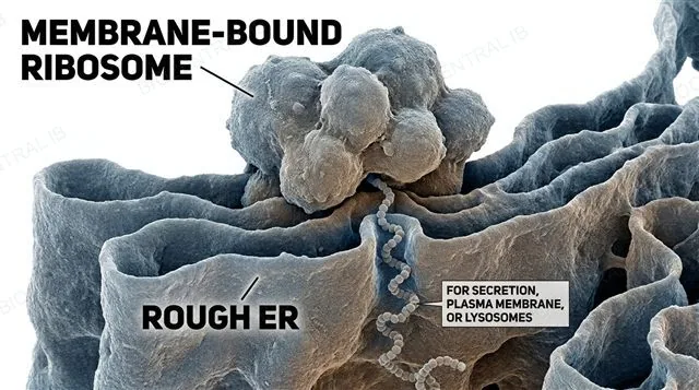 A membrane-bound ribosome on the rough ER feeding a growing protein into the ER lumen, destined for secretion, labeled