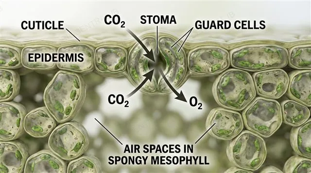A leaf cross section showing a waxy cuticle over the epidermis, a stoma flanked by guard cells, CO2 diffusing in and O2 diffusing out through the stoma, and air spaces in the spongy mesophyll layer, labeled