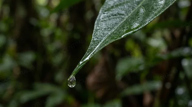 A close-up macro photograph of a tropical rainforest leaf with an elongated pointed drip tip, a water droplet running off the very end of the tip, photorealistic