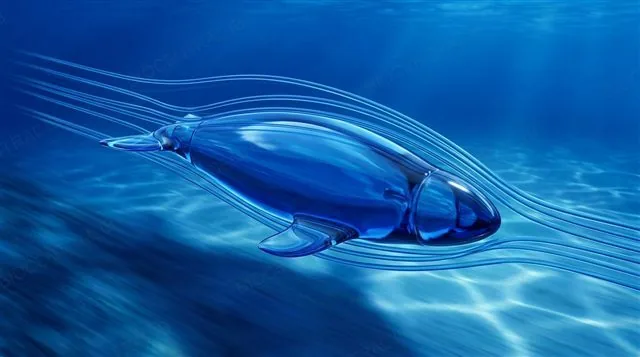 A streamlined torpedo-shaped body moving through water with flow trails, illustrating viscosity and drag
