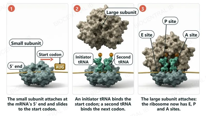 Three panels. 1: the small ribosomal subunit sits on the mRNA and moves from the 5' end toward the AUG start codon. 2: an initiator tRNA and a second tRNA are bound while the large subunit approaches. 3: the large subunit has joined, and the ribosome shows the E, P and A tRNA sites.