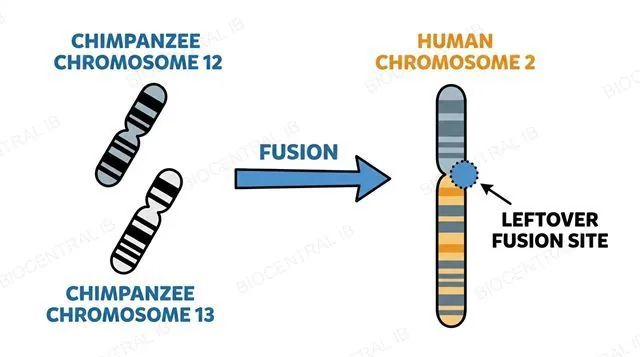 Diagram showing chimpanzee chromosomes 12 and 13 fused end to end to form human chromosome 2, with the leftover fusion site labelled