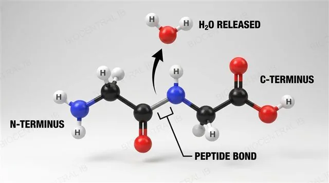 Two amino acids joining by a condensation reaction, releasing one water molecule and forming a peptide bond, with N-terminus, C-terminus and peptide bond labeled