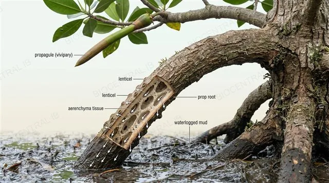 Mangrove prop root cross-section showing lenticels connected to aerenchyma tissue for oxygen diffusion into waterlogged mud, with a viviparous propagule still attached to the parent tree, labeled, photorealistic detail