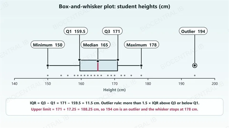 A horizontal box-and-whisker plot of 21 student heights from 140 to 200 centimetres, with each feature labelled: minimum 150, first quartile 159.5, median 165, third quartile 171, maximum 178 and an outlier at 194. Below it, the working: IQR is 171 minus 159.5 which is 11.5, the upper limit is 171 plus 17.25 which is 188.25, so 194 is an outlier and the whisker stops at 178.