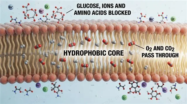 A phospholipid bilayer acting as a barrier: small non-polar oxygen and carbon dioxide pass through the hydrophobic core while glucose, amino acids and ions are blocked, labeled