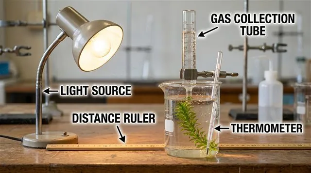 Elodea pondweed photosynthesis experiment apparatus with a lamp at a measured distance, a graduated gas collection tube and a thermometer, labeled