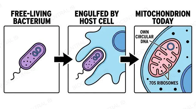 Three-step diagram of endosymbiotic theory: free-living bacterium, engulfment by host cell, mitochondrion today