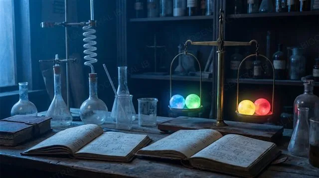 A laboratory still-life with glowing colored spheres balanced in pairs, representing base composition data