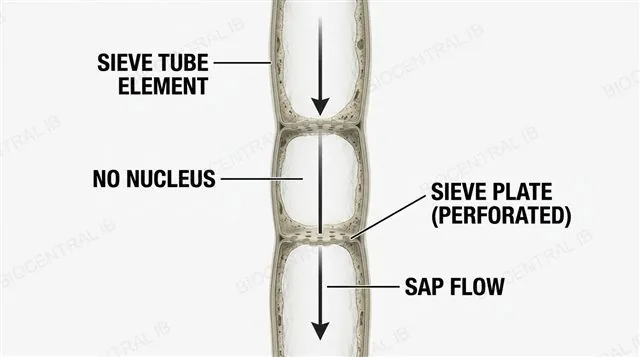 A row of sieve tube elements joined end to end through perforated sieve plates, each element shown with no nucleus and greatly reduced cytoplasm, with an arrow showing sap flowing through the sieve plate pores, labeled