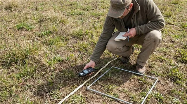 A researcher laying a transect line across a semi-natural habitat and using a light meter and quadrat to record an abiotic variable and species abundance at fixed intervals, photorealistic field photography